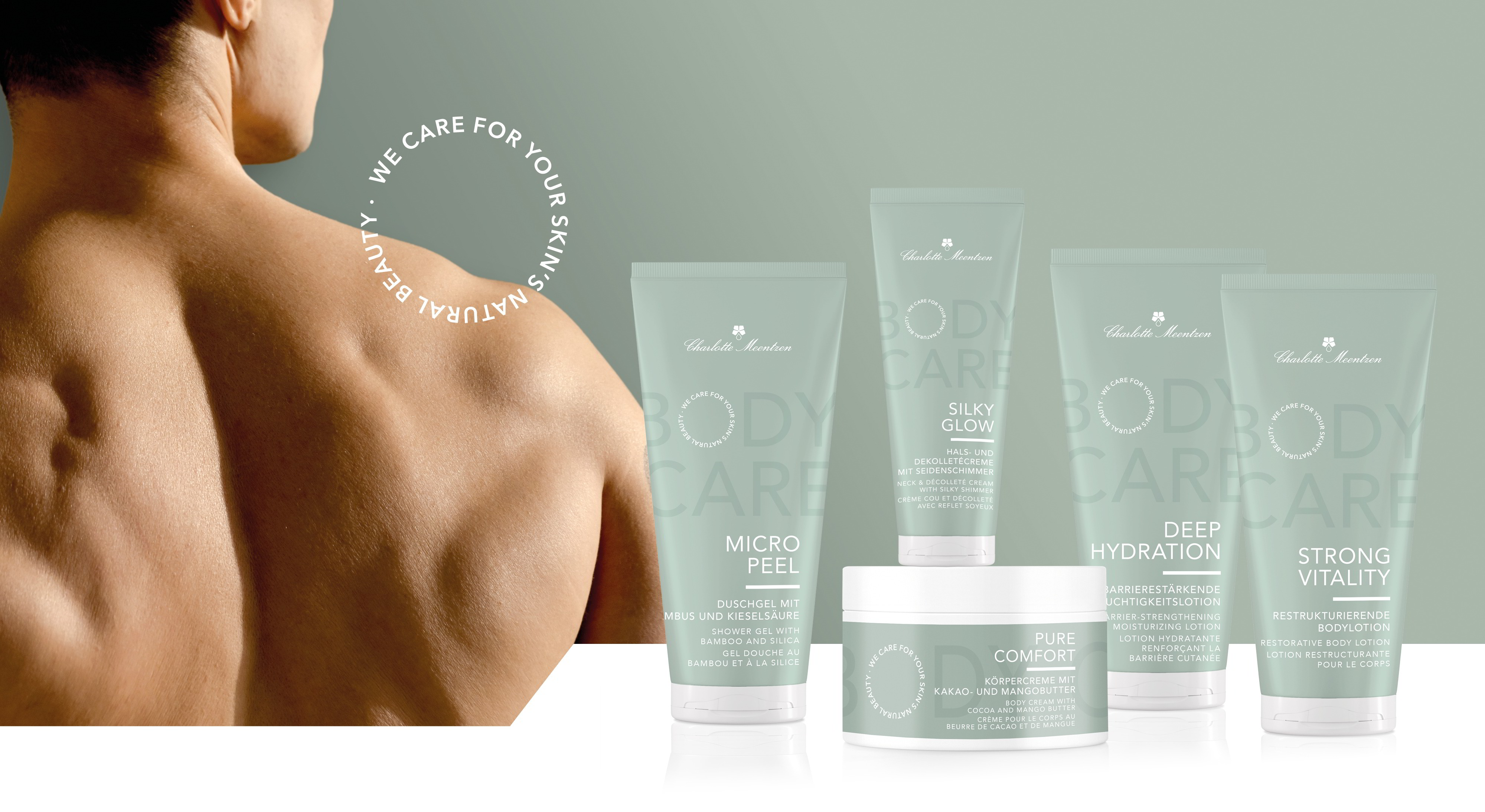 Links ein Rücken, rechts Bodycare-Produkte in sanften Grüntönen und elegantem, minimalistischem Design.