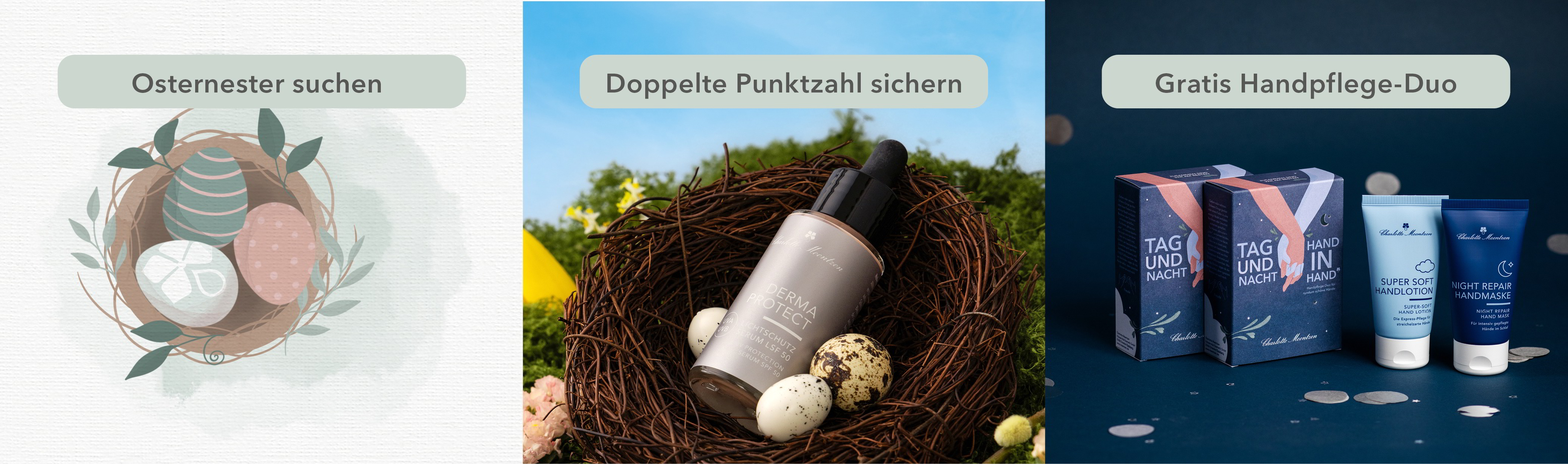 Drei Bilder: Osternest mit Eiern, Hautpflegeprodukt und Handpflegeset. Angebote und Aktionen für den Frühling.
