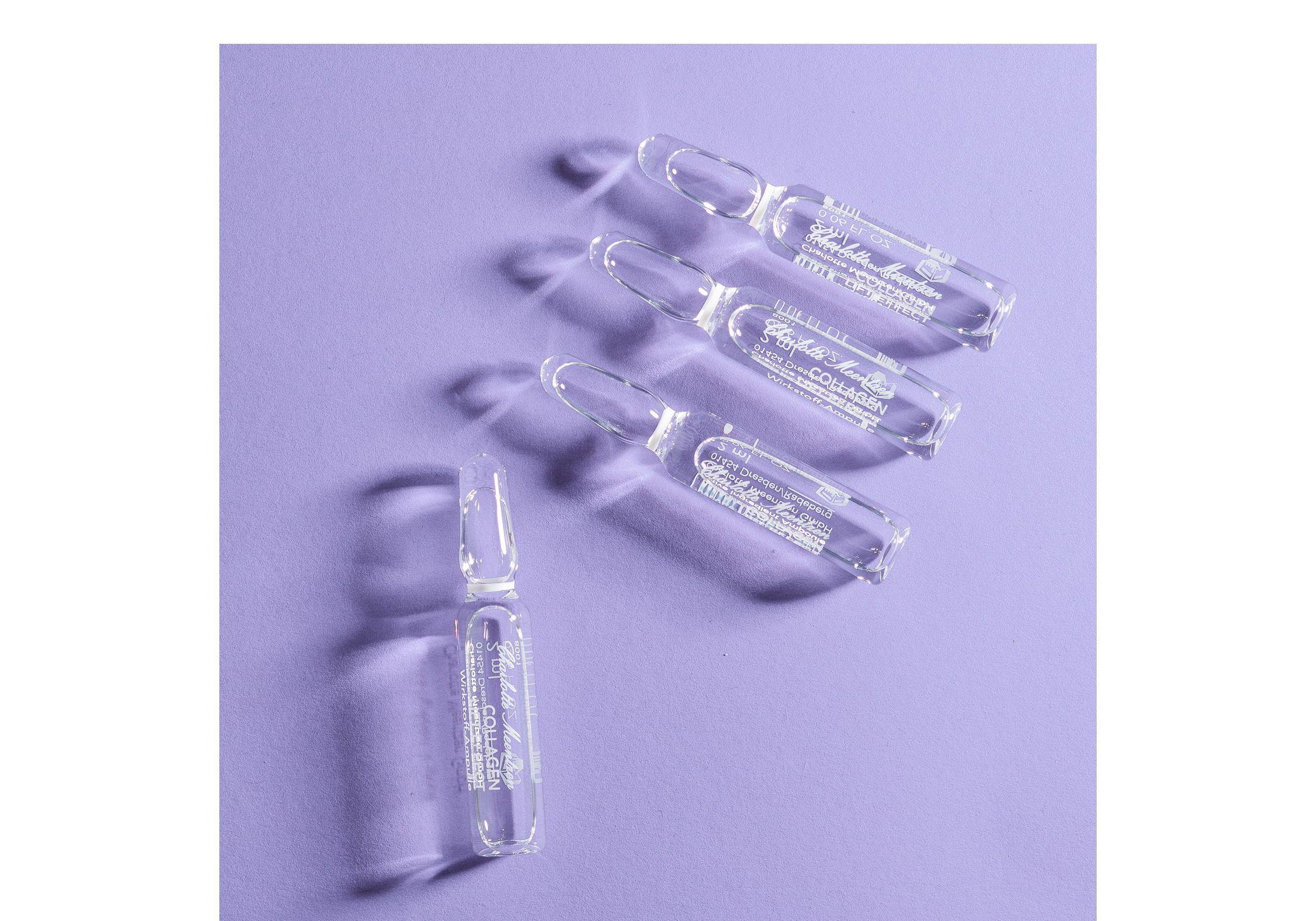Clear ampoules of collagen lift on purple background