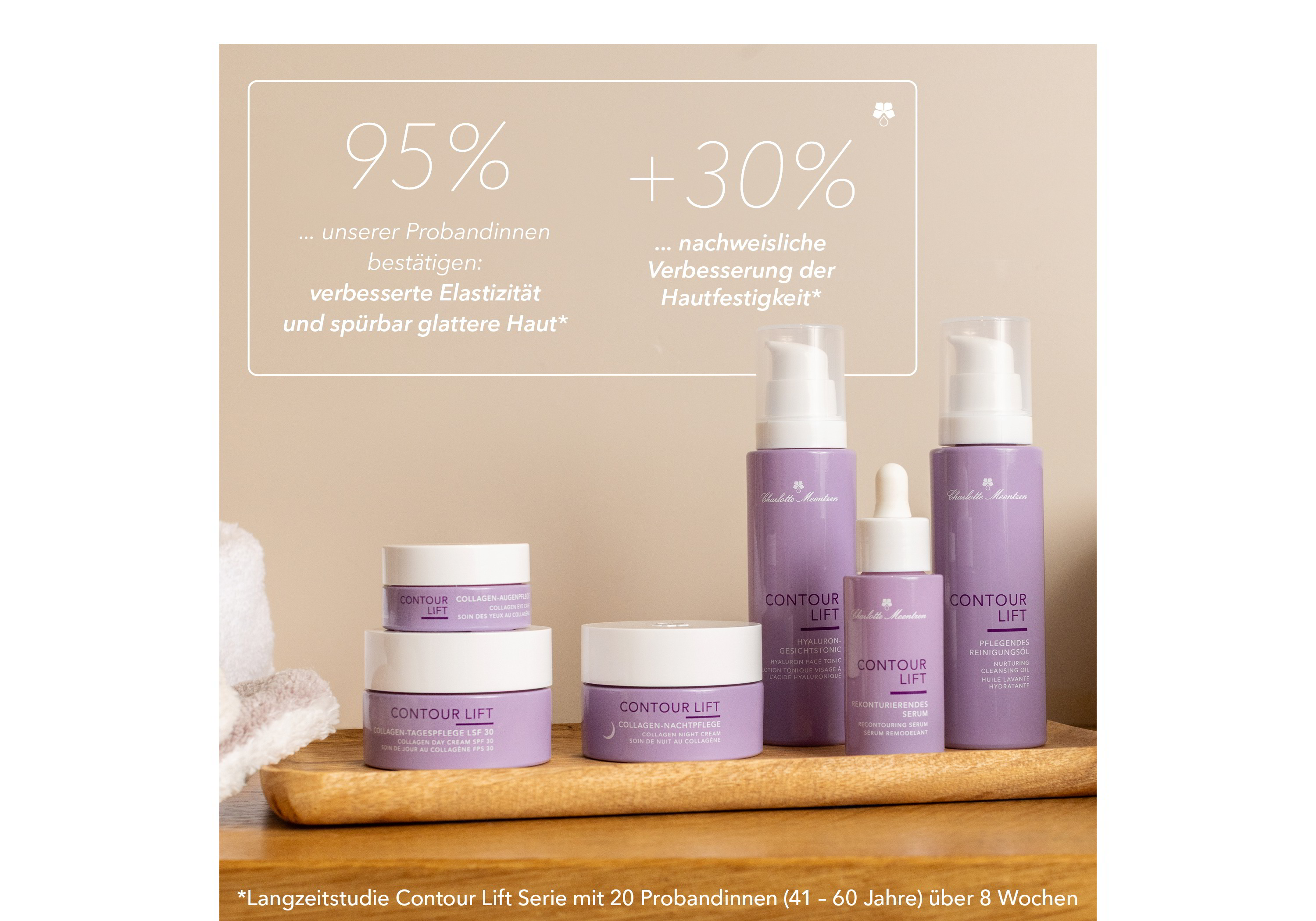 Die komplette Contour Lift Produktgruppe steht in einem Badezimmerauf einem Holztablett.