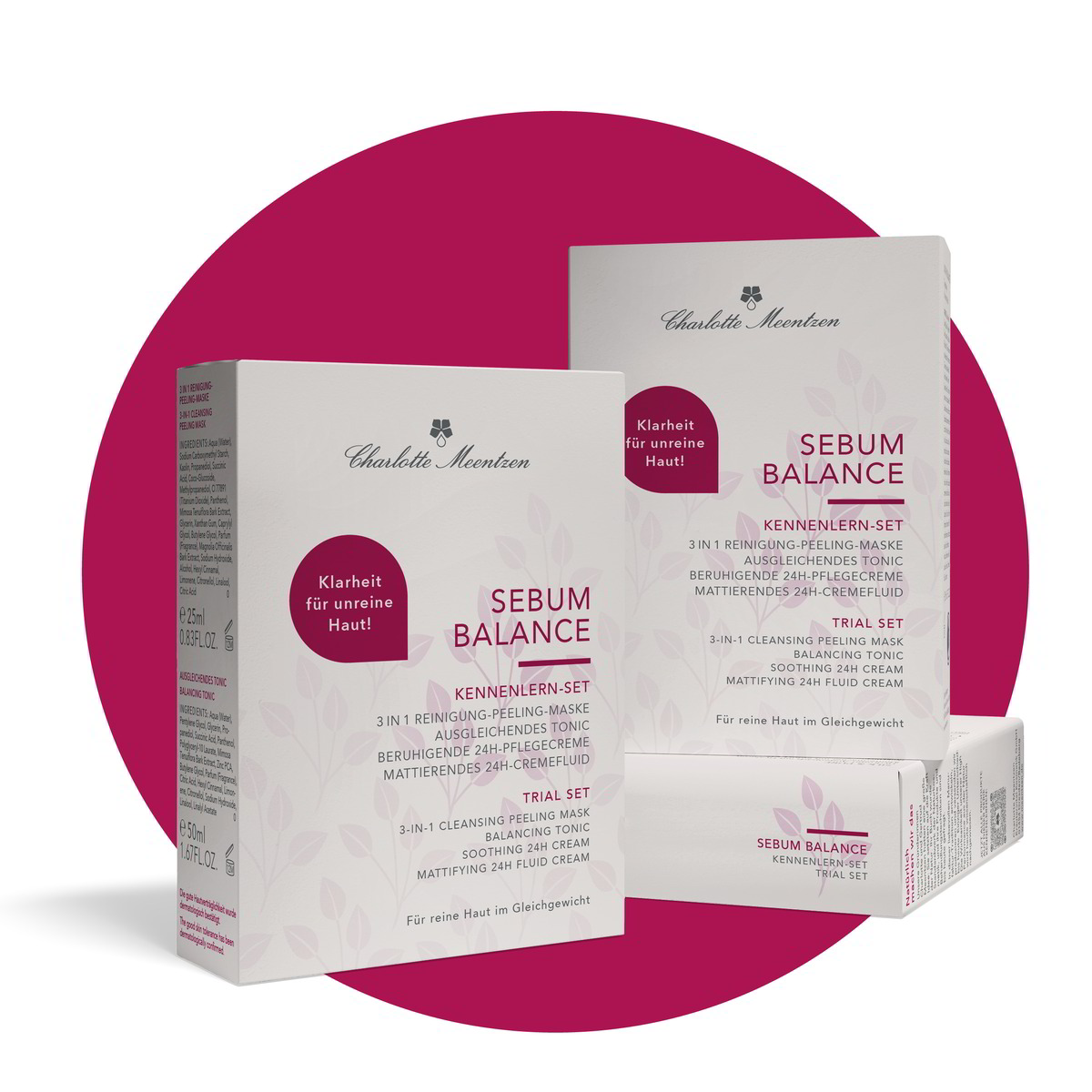 Das Bild zeigt ein Set von Hautpflegeprodukten namens "Sebum Balance" in ansprechender Verpackung.