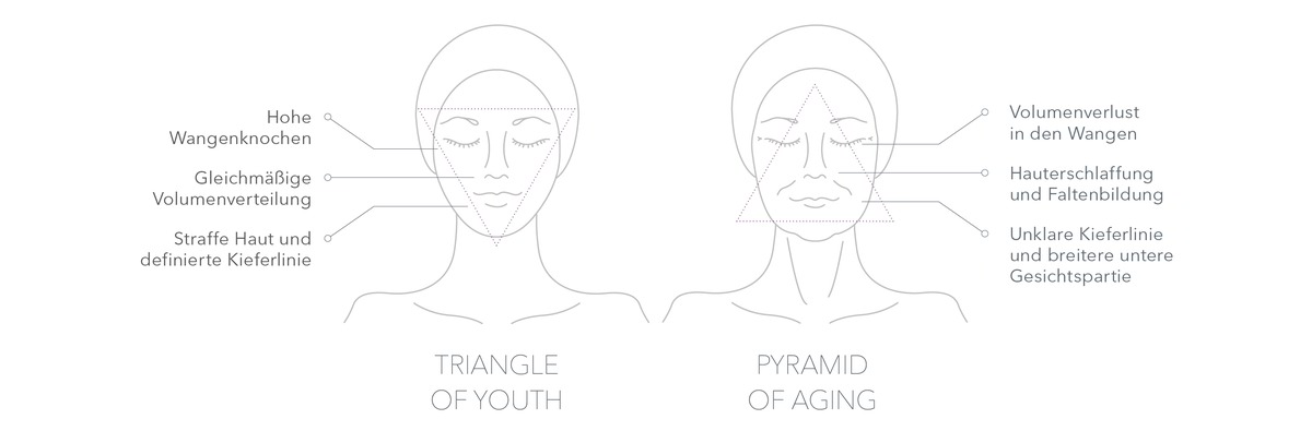 Triangle of Youth: Hohe Wangenknochen, Gleichmäßige Volumenverteilung, Straffe Haut, definierte Kieferlinie
Pyramid of Aging: Volumenverlust, Hauterschlaffung und Faltenbildung Unklare Kieferlinie