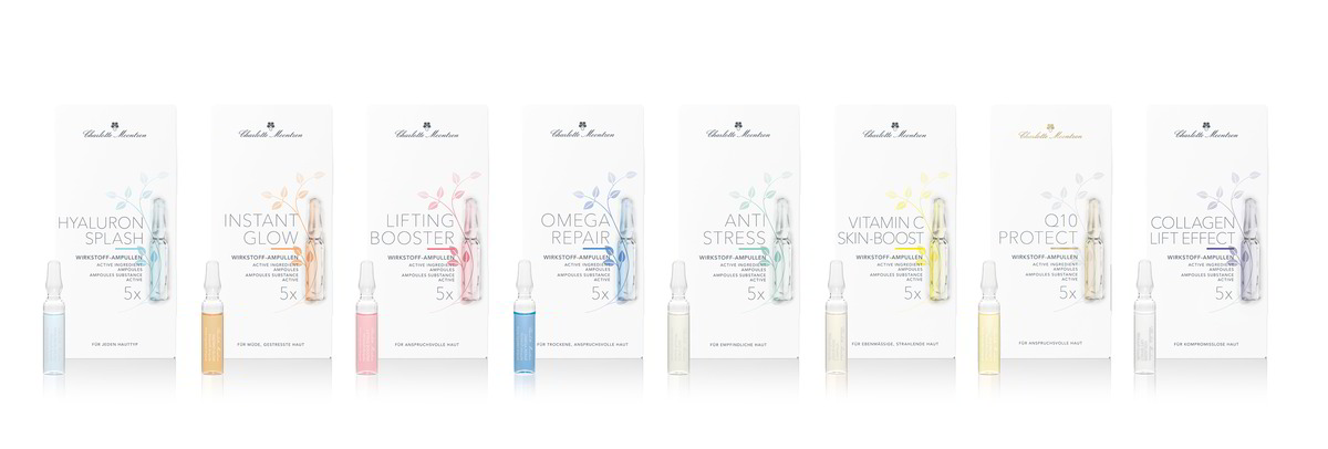 Acht Schachteln der Charlotte Meentzen Wirkstoff-Ampullen nebeneinander in der Frontal-Ansicht