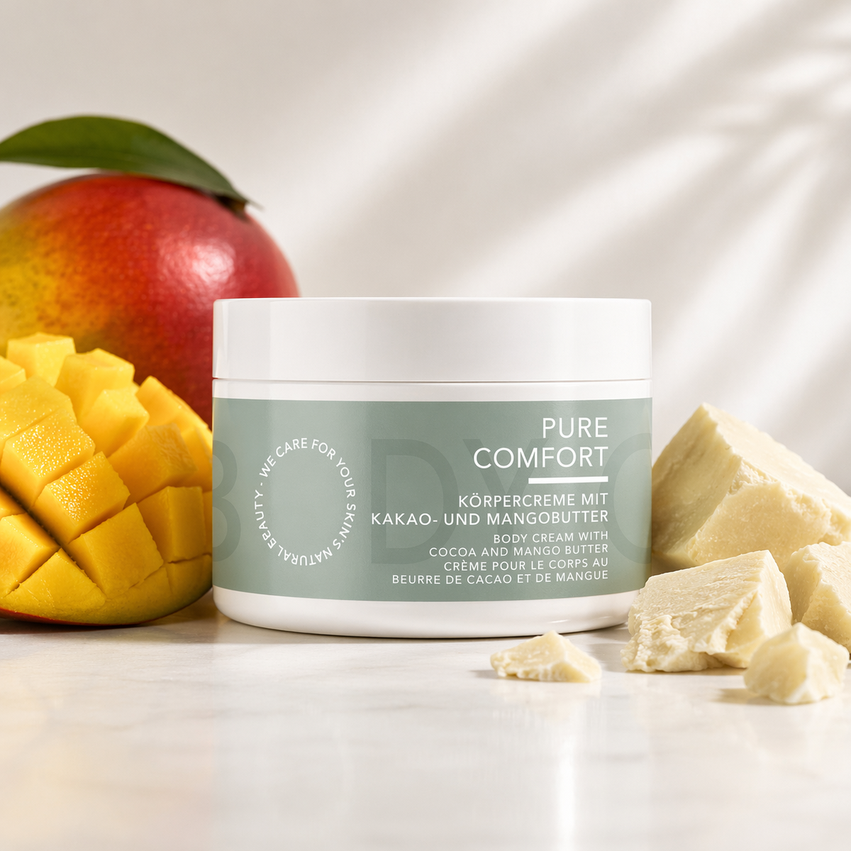 Creme-Tiegel „Pure Comfort“ neben Mango- und Kakaobutterstücken.