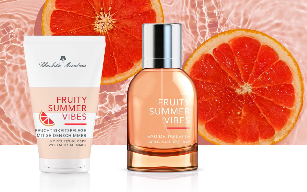Fruity Summer Vibes Feuchtigkeitspflege und Eau de Toilette vor Hintergrund mit aufgeschnittenen Grapefruits
