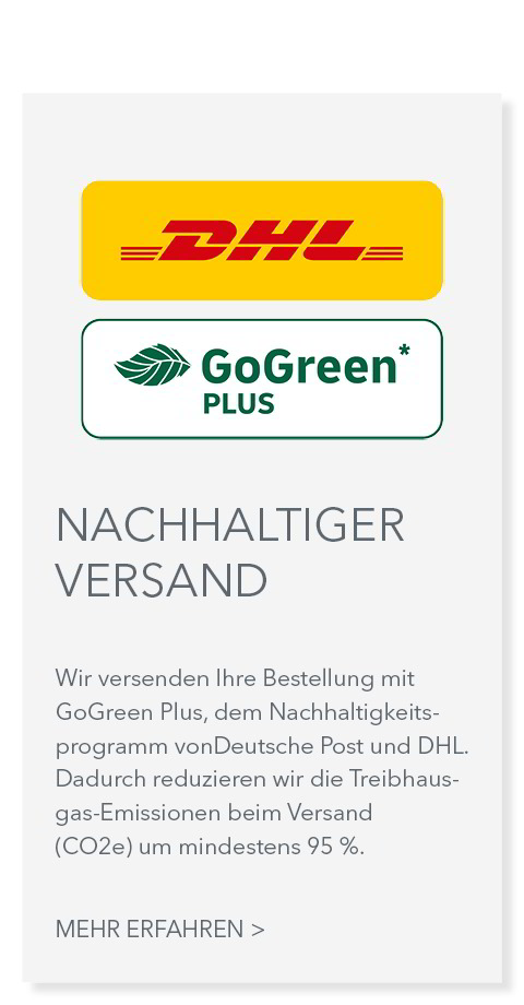 Das Bild bewirbt den nachhaltigen Versand mit DHL GoGreen, der Treibhausgas-Emissionen um 95 % reduziert.