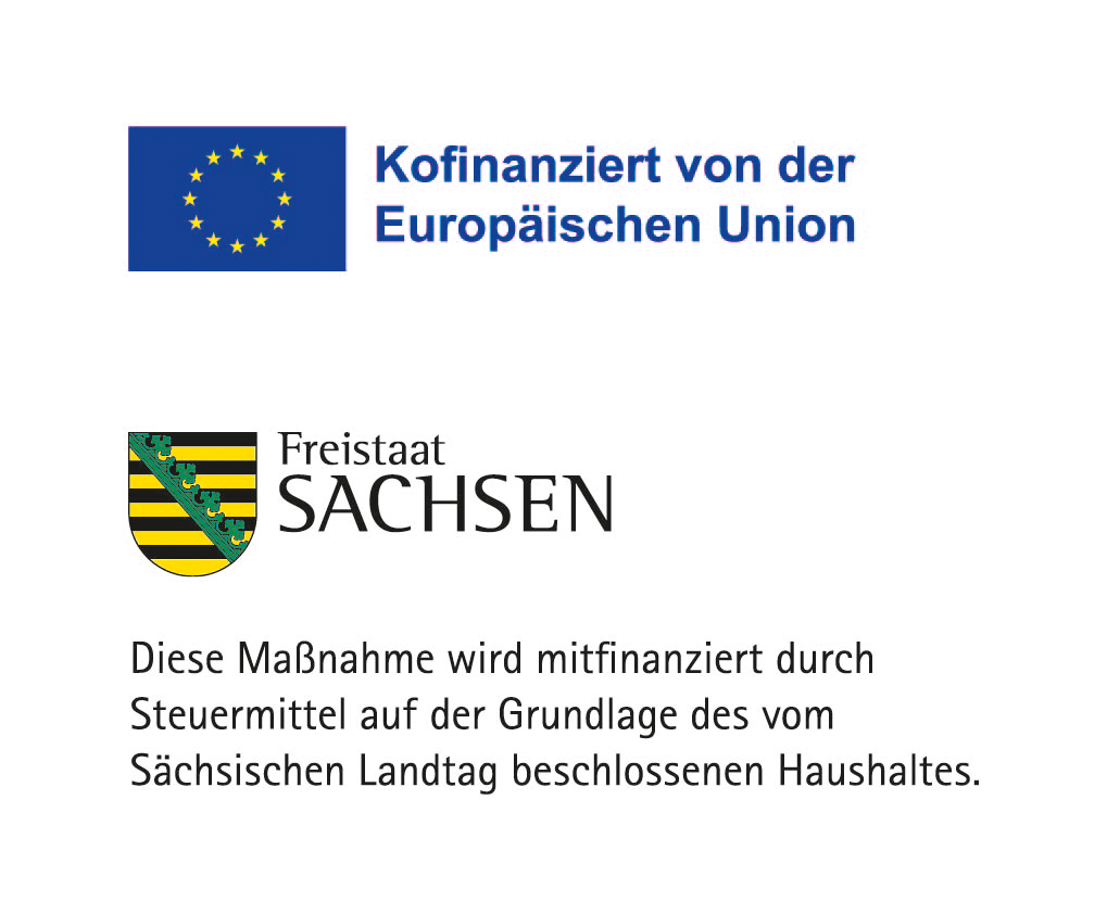 Das Bild zeigt Logos der EU und des Freistaates Sachsen mit Informationen zur Finanzierung.