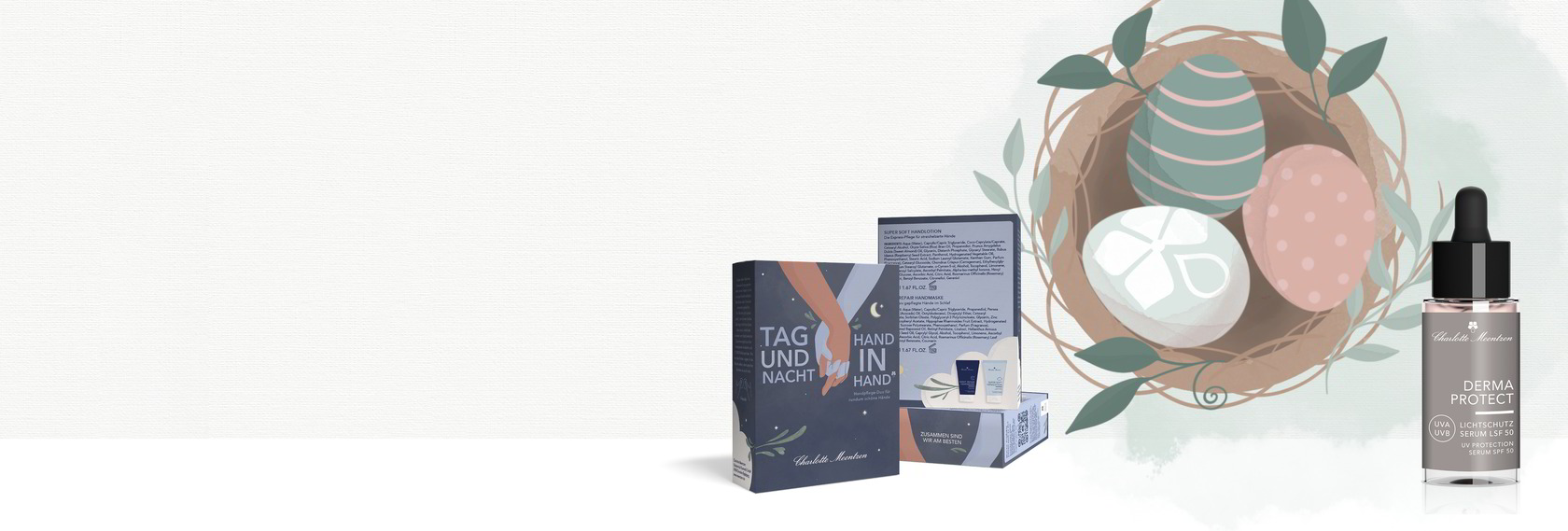 Das Bild zeigt Hautpflegeprodukte in einer sanften, frühlingshaften Umgebung mit bunten Eiern.