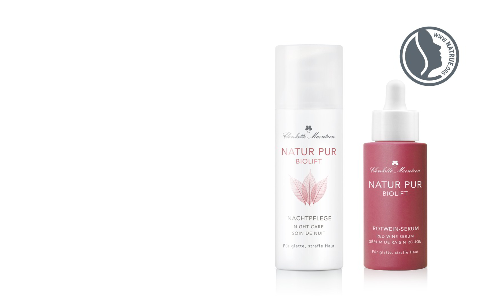 Zwei Hautpflegeprodukte der Marke "Natur Pur Biolift": Nachtpflege und Rotwein-Serum in eleganten Flaschen.