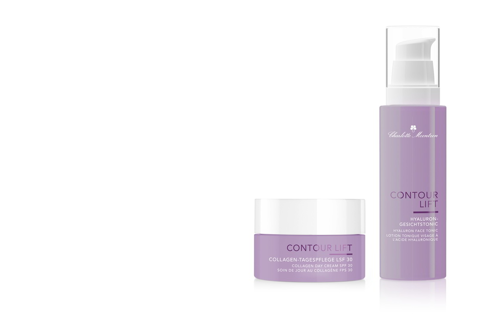 Zwei Hautpflegeprodukte in lila Verpackung: eine Tagescreme und ein Gesichtstonikum von Contour Lift.