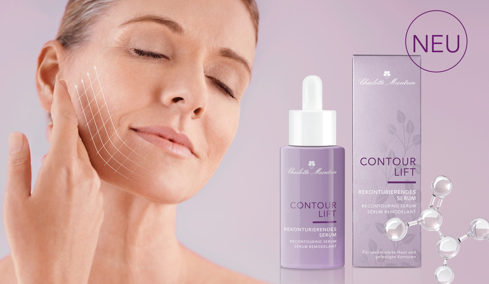 Eine Frau mit Gitternetzlinien auf der Wange, daneben das Neuprodukt Contour Lift Rekonturierendes Serum mit einem wissenschaftlichen Molekül.