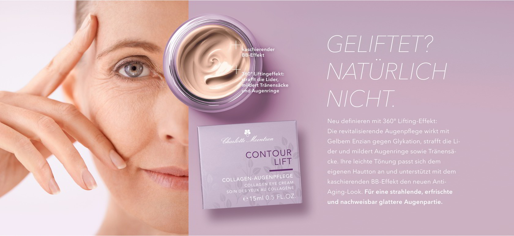 GELIFTET?NATÜRLICH NICHT.Neu definieren mit 360° Lifting-Effekt: Die revitalisierende Augenpflege wirkt mit Gelbem Enzian gegen Glykation, strafft die Lider und mildert Augenringe sowie Tränensäcke.