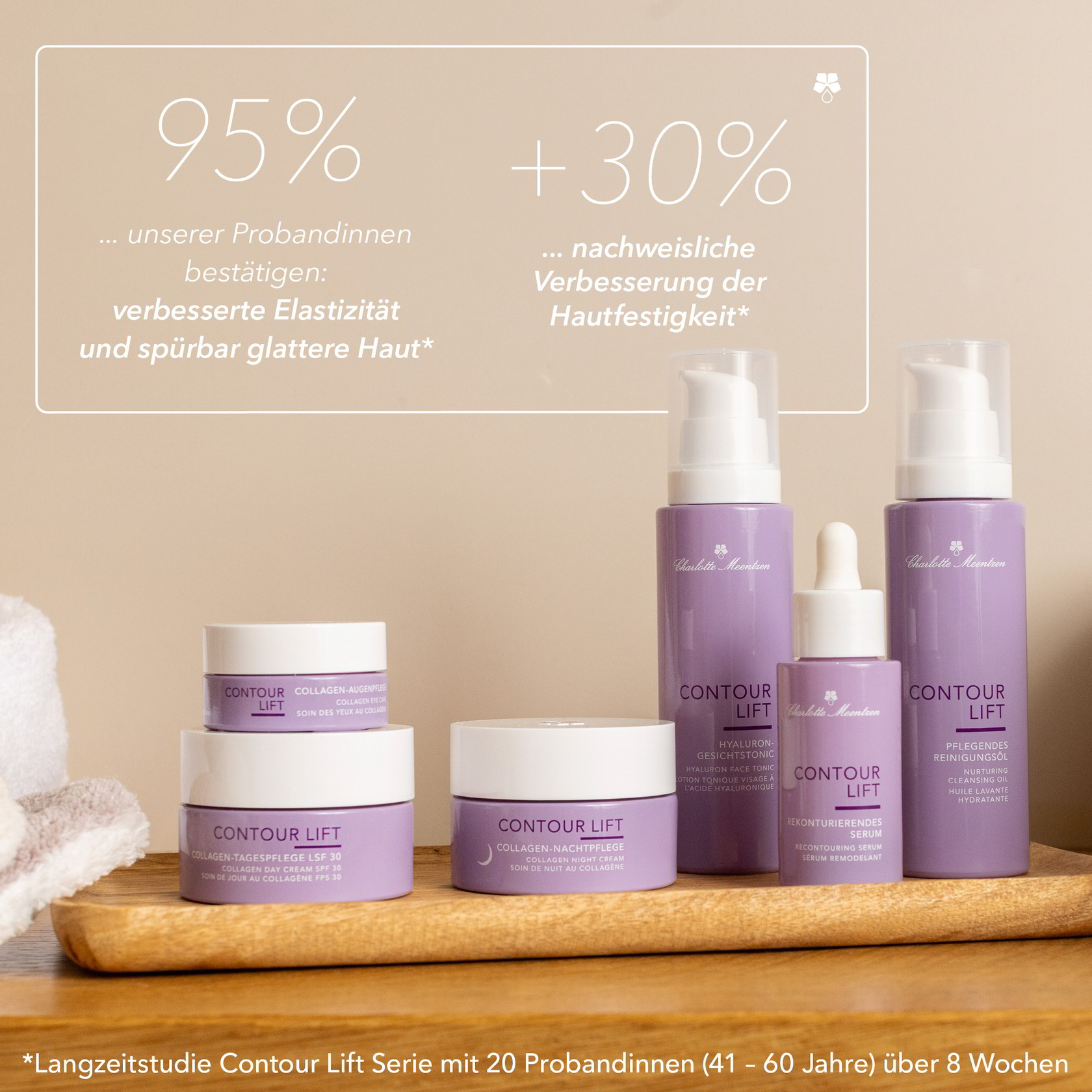 Die komplette Contour Lift Produktgruppe steht in einem Badezimmerauf einem Holztablett.