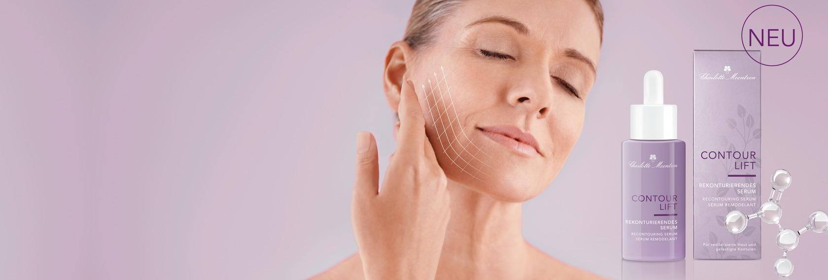 Eine Frau mit Gitternetzlinien auf der Wange, daneben das Neuprodukt Contour Lift Rekonturierendes Serum mit einem wissenschaftlichen Molekül.