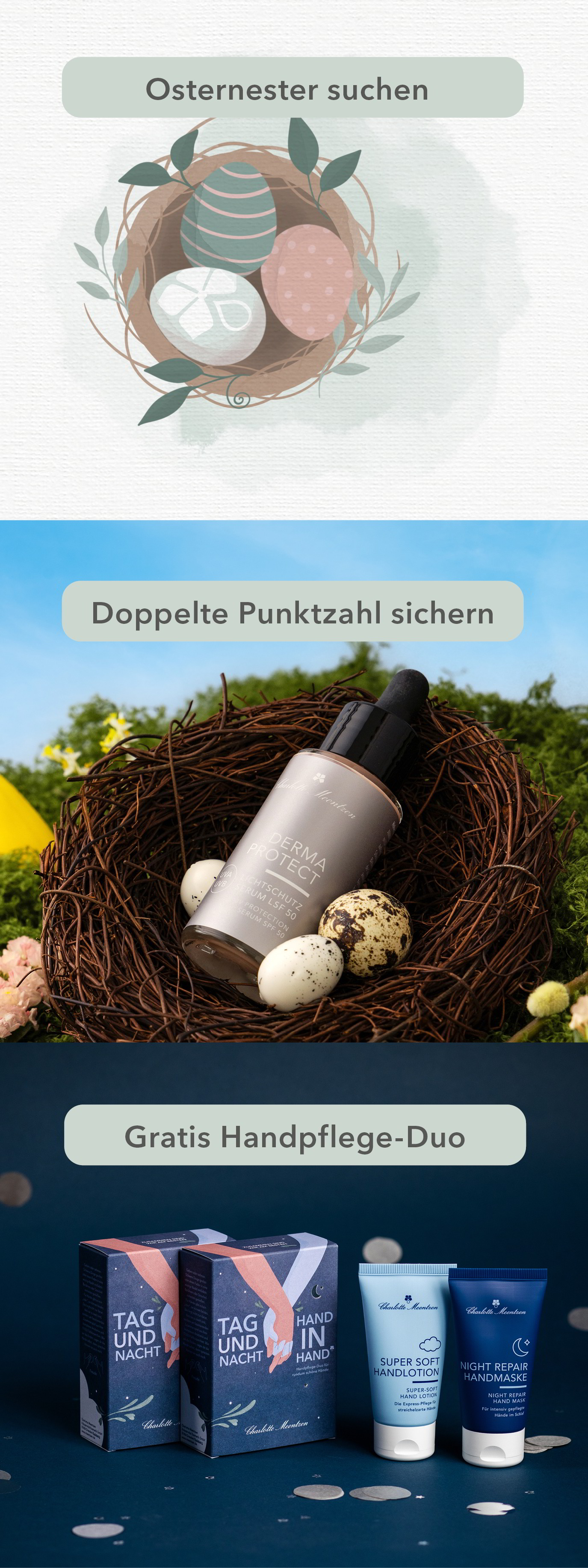 Drei Bilder: Osternest mit Eiern, Hautpflegeprodukt und Handpflegeset. Angebote und Aktionen für den Frühling.