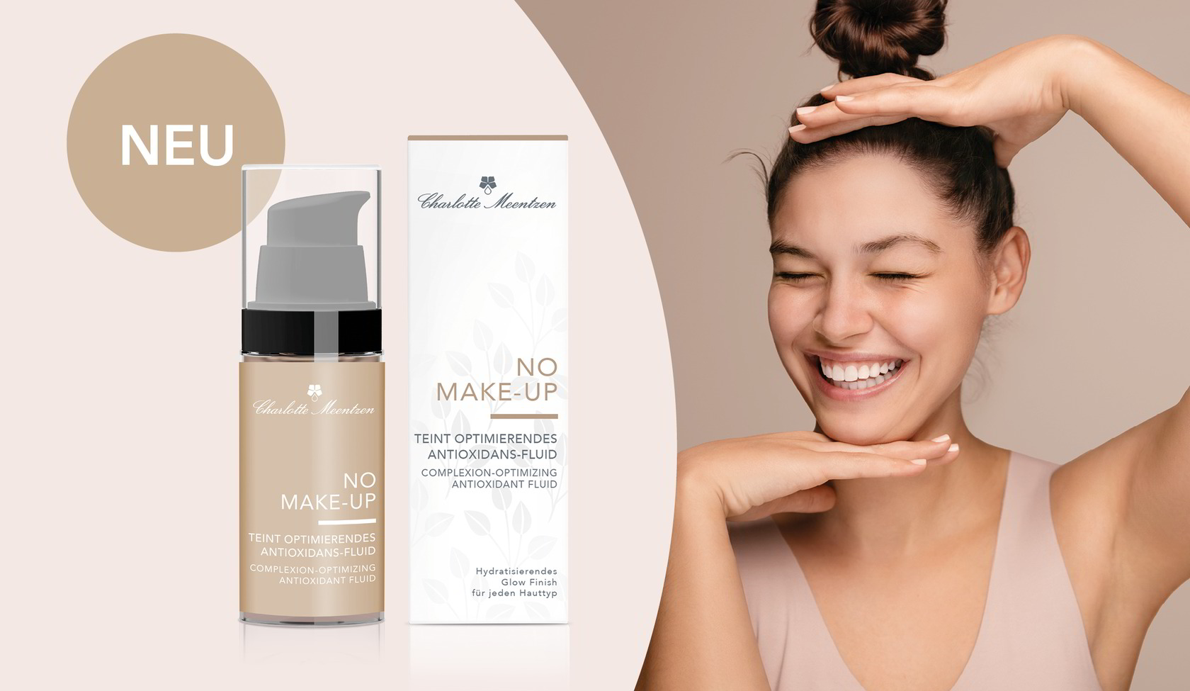 NEU: Make-up-Flakon und Verpackung vor beigem Hintergrund, daneben ein Model mit hochgesteckten Haaren.