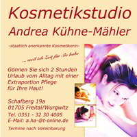 An advertising poster with pictures of a young woman being massaged. The name, advertising slogan, opening hours and address of the beauty salon are printed prominently next to it.