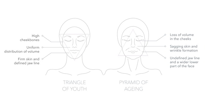 Triangle of Youth: Hohe Wangenknochen, Gleichmäßige Volumenverteilung, Straffe Haut, definierte Kieferlinie
Pyramid of Aging: Volumenverlust, Hauterschlaffung und Faltenbildung Unklare Kieferlinie